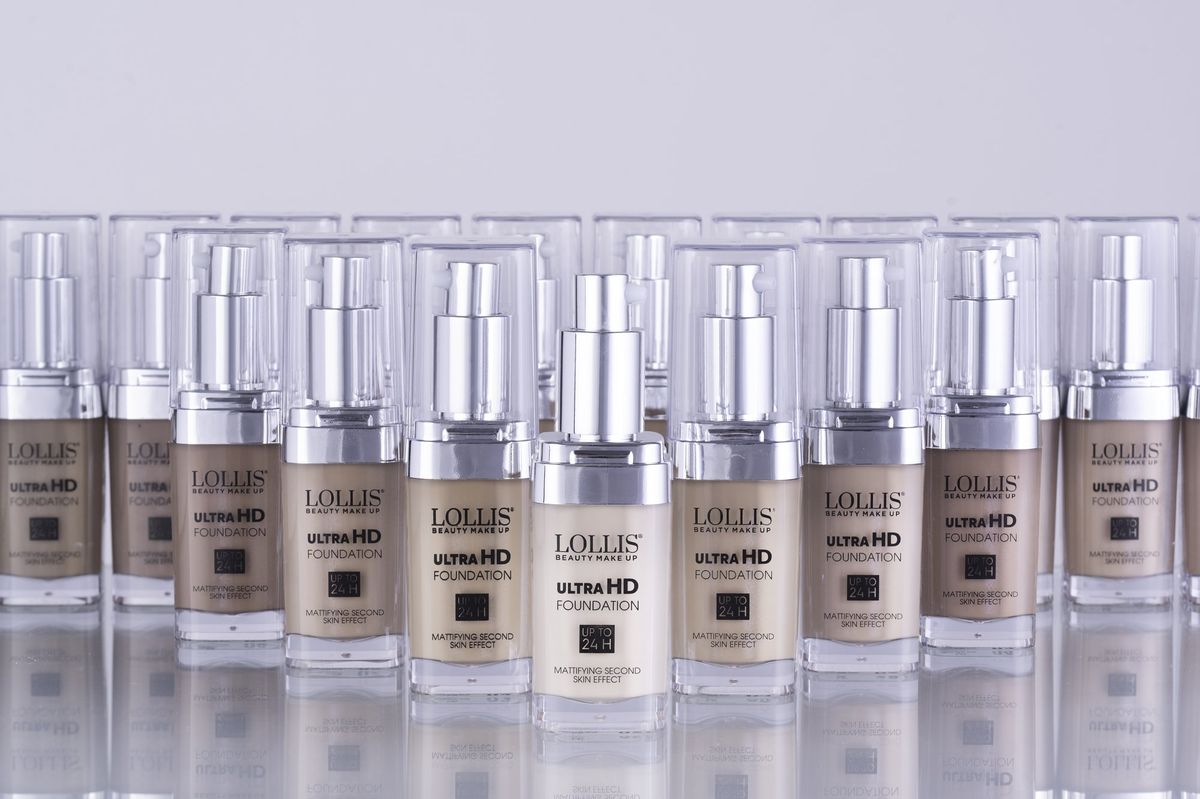 A row of LOLLIS Ultra HD foundation bottles