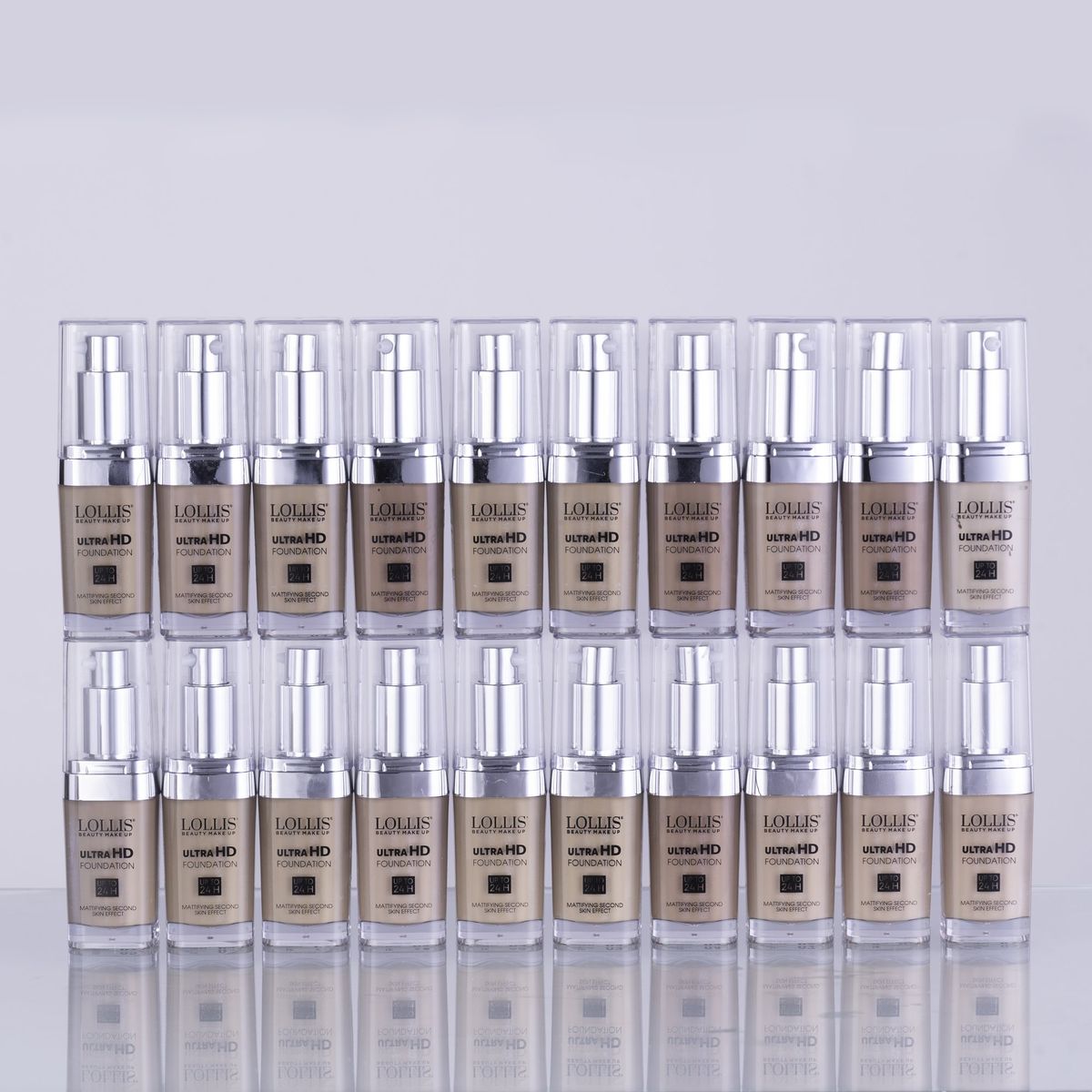Rows of LOLLIS foundation bottles