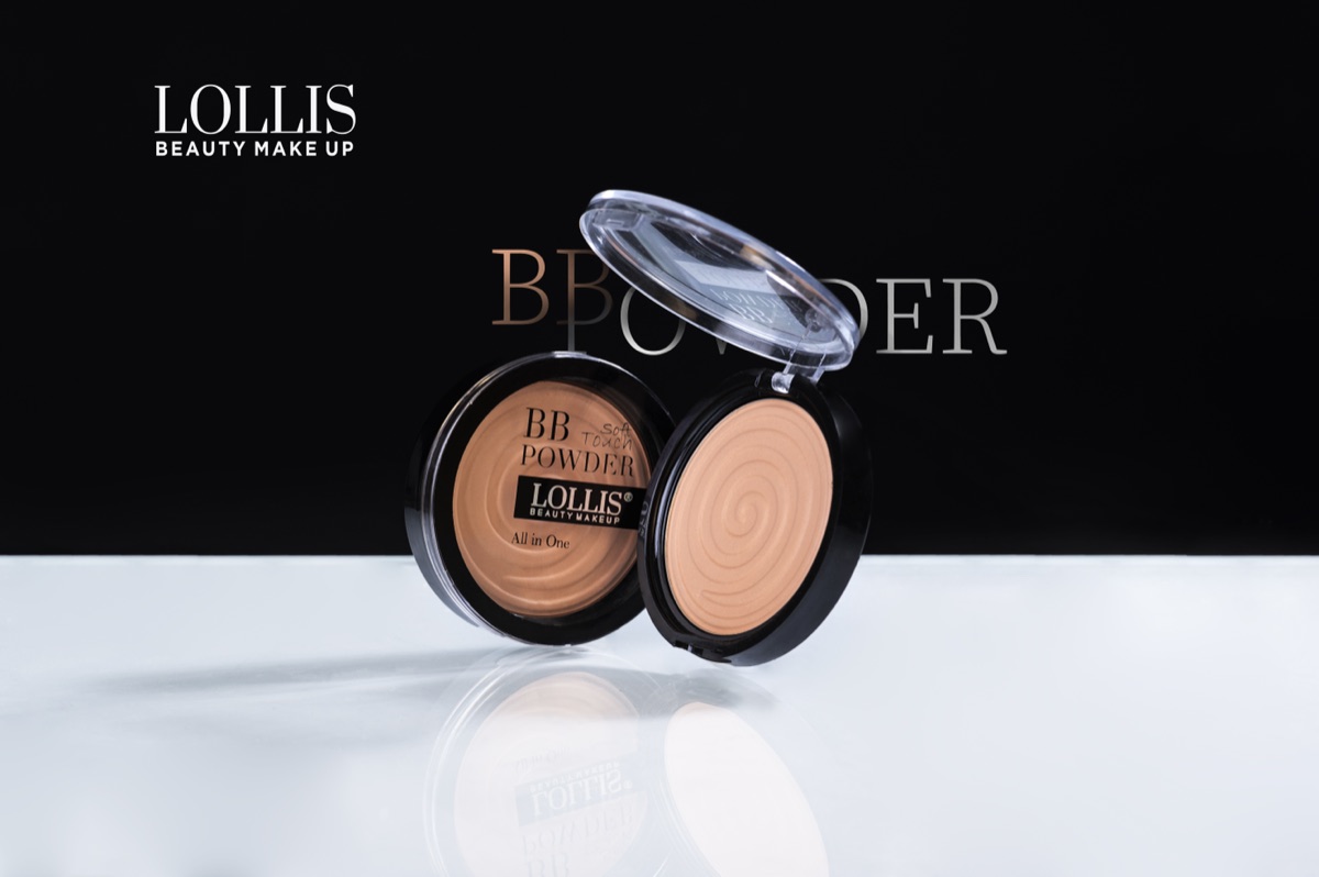 An open LOLLIS BB powder compact on a reflective surface