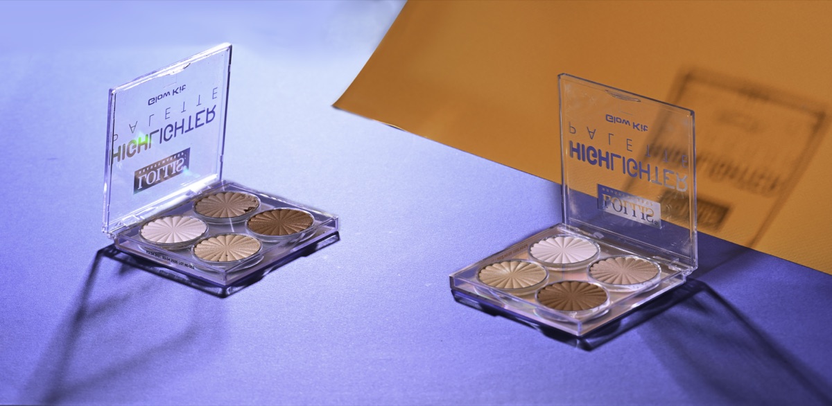 Two LOLLIS highlighter palettes on blue and orange