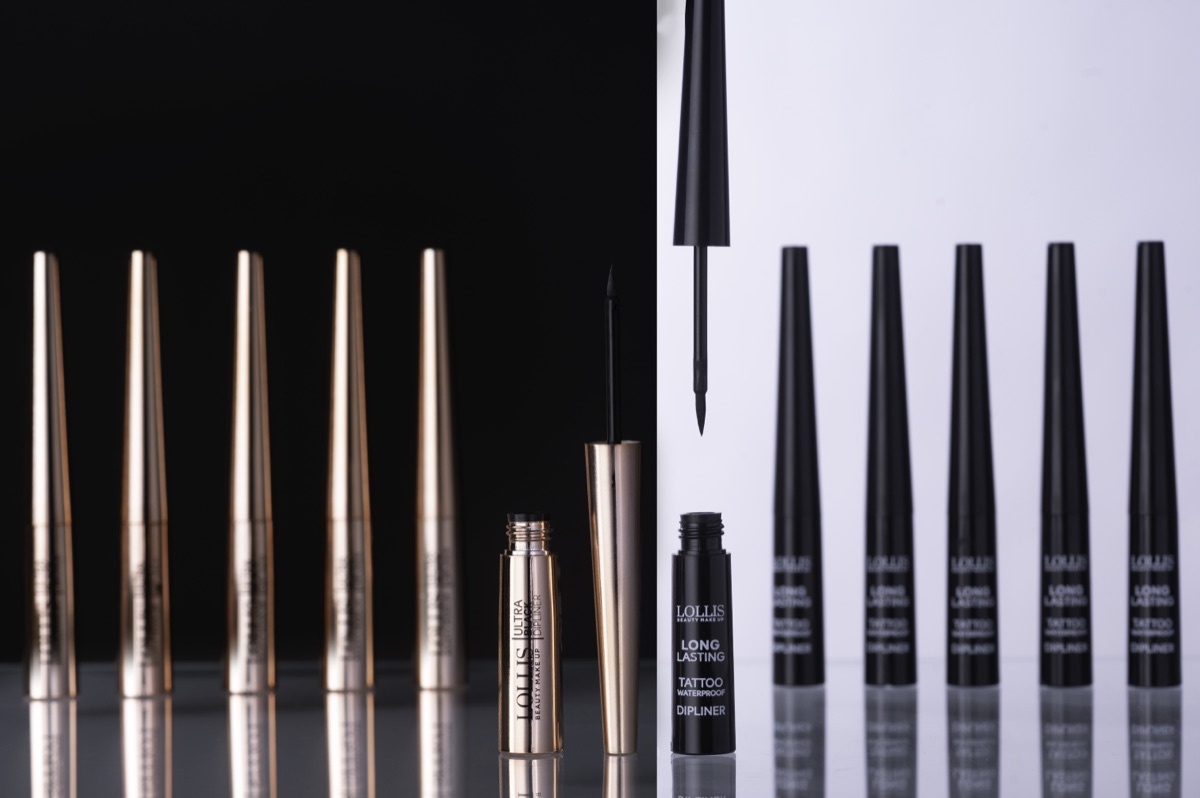 LOLLIS eyeliners, a gold row on black and a black row on white