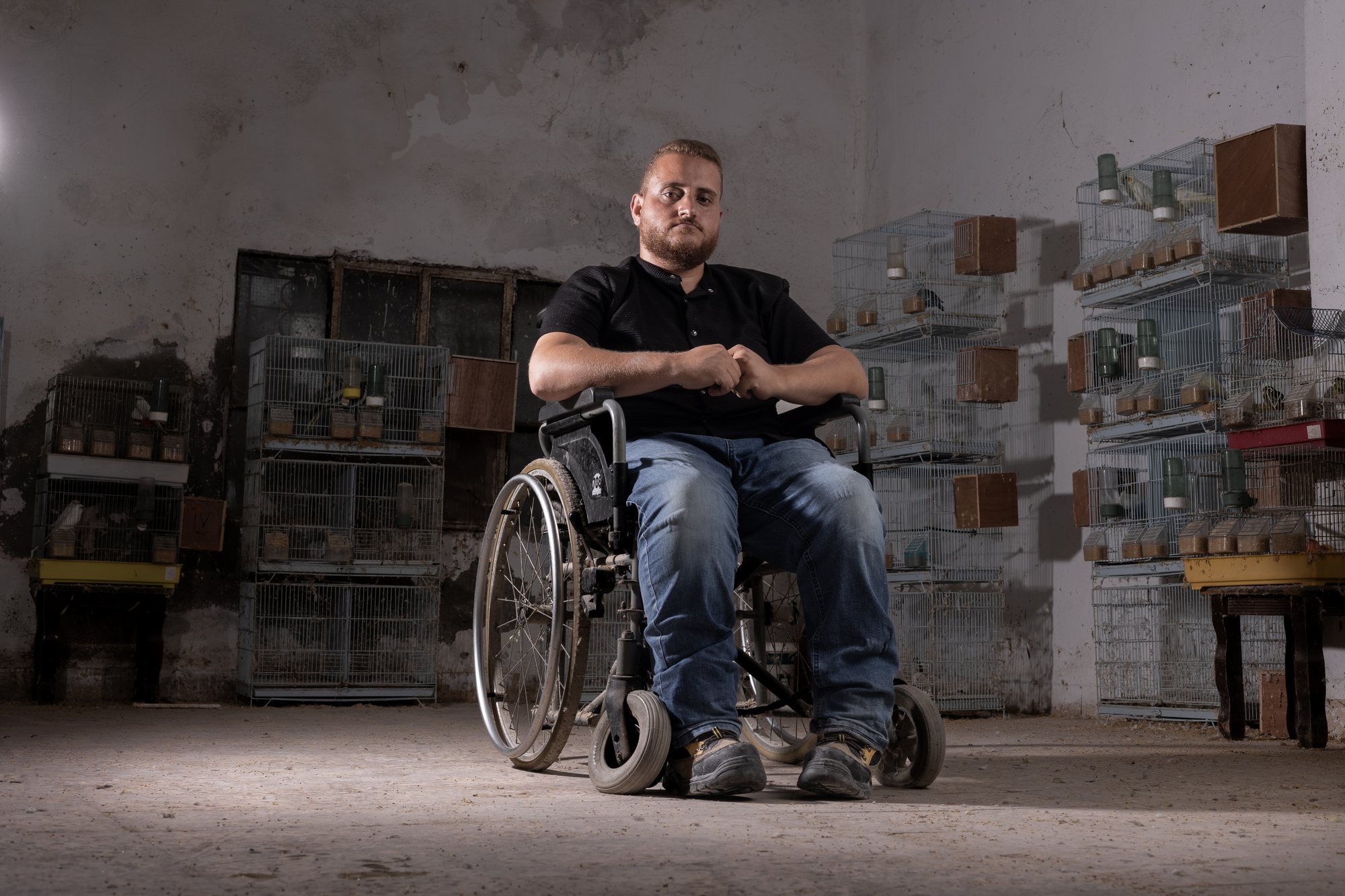 A man in a wheelchair in a room lined with bird cages