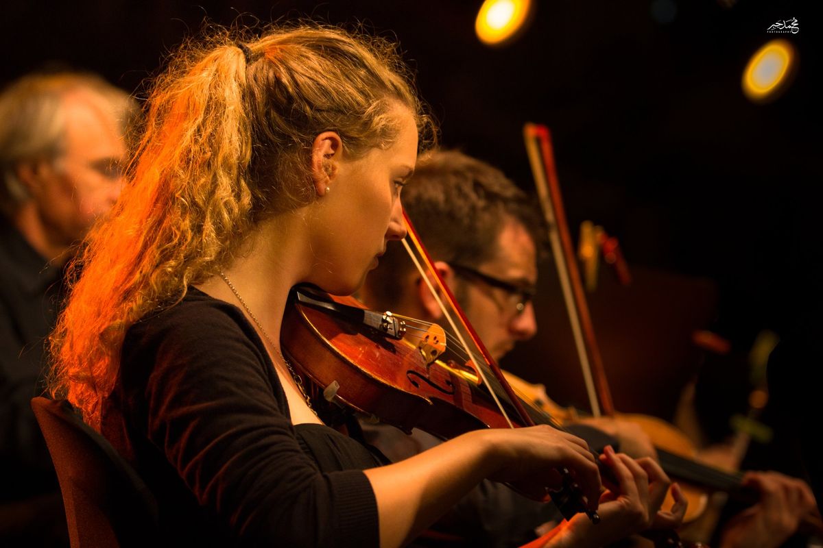 A violinist in warm stage light