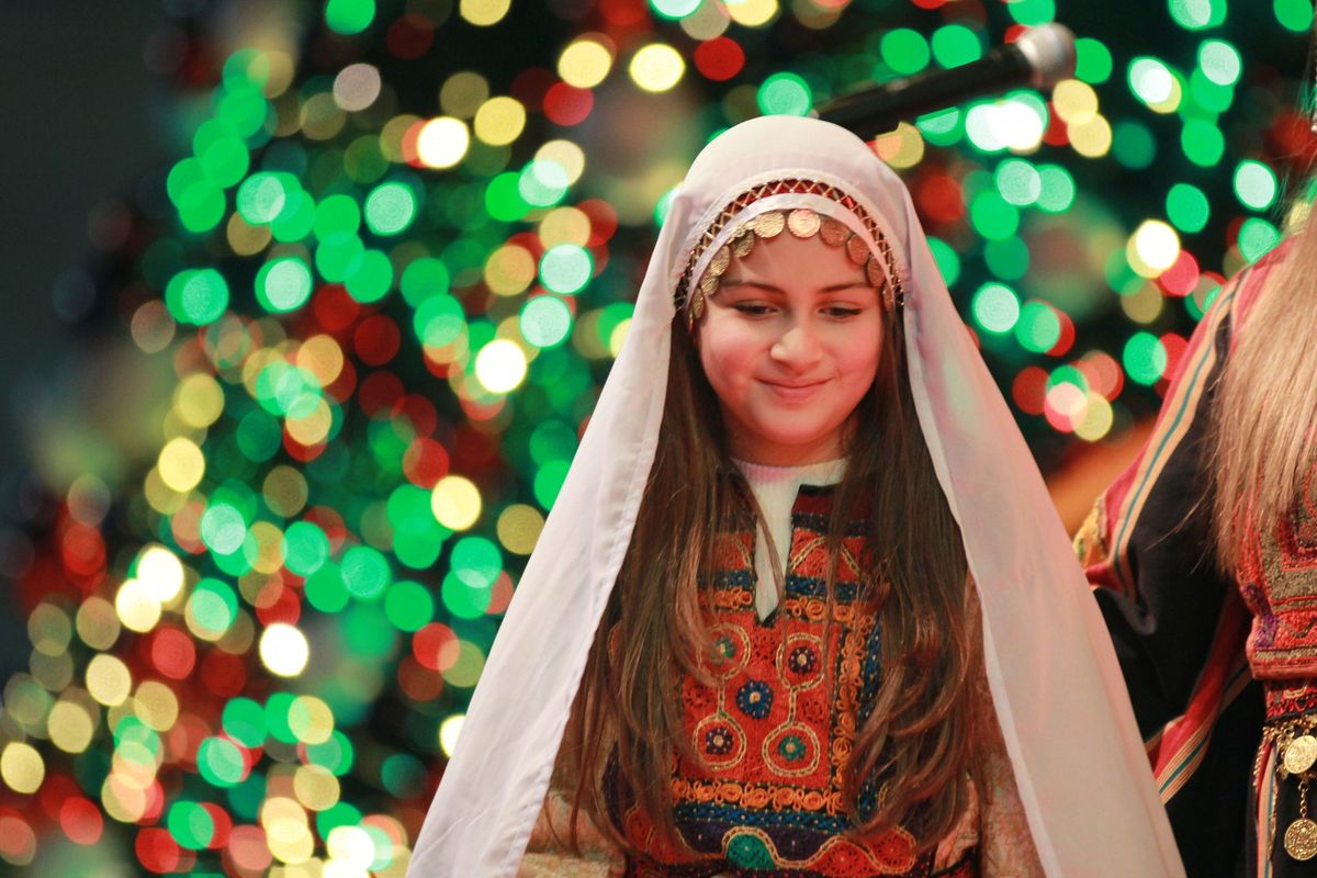 A girl in a white veil and embroidered dress among lights